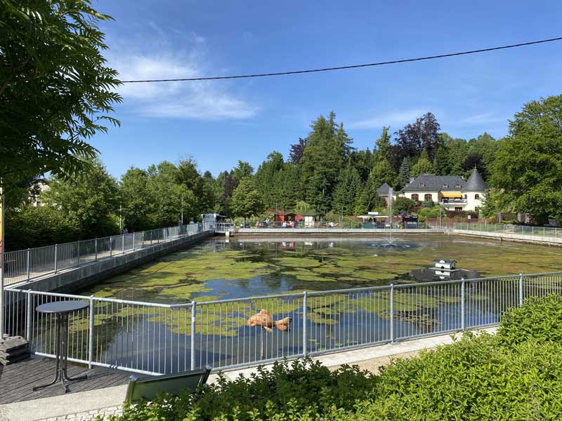 Blick über dem Teich zu den Versorgungsständen